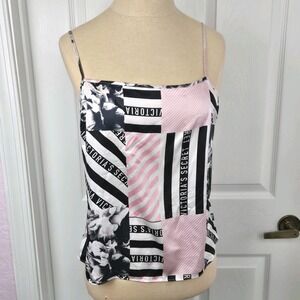 Victoria's Secret Logo Satin Camisole‎ Tank Top Size S Pink Black Button Back